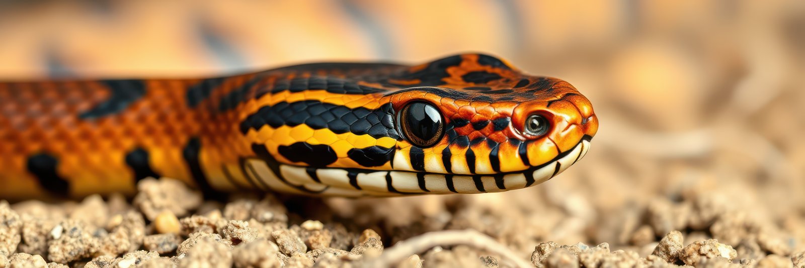 Colorful snake rests on ground in natural habitat showcasing unique patterns and vibrant colors during daylight hours